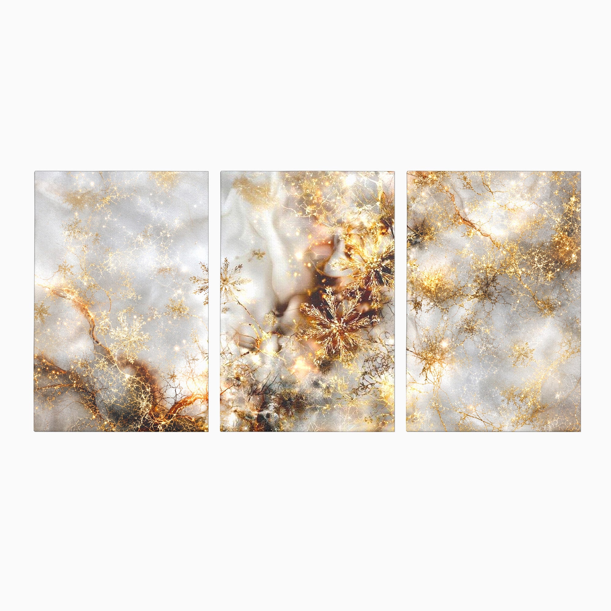 Set 3 Tablouri Canvas Premium LuxCanva® D3-1067, Sclipire Inghetata, Aur, Iarna, Fragilitate, Fulgi, Lumina, Cristal, Dans, Alb, Eleganta, Rafinament