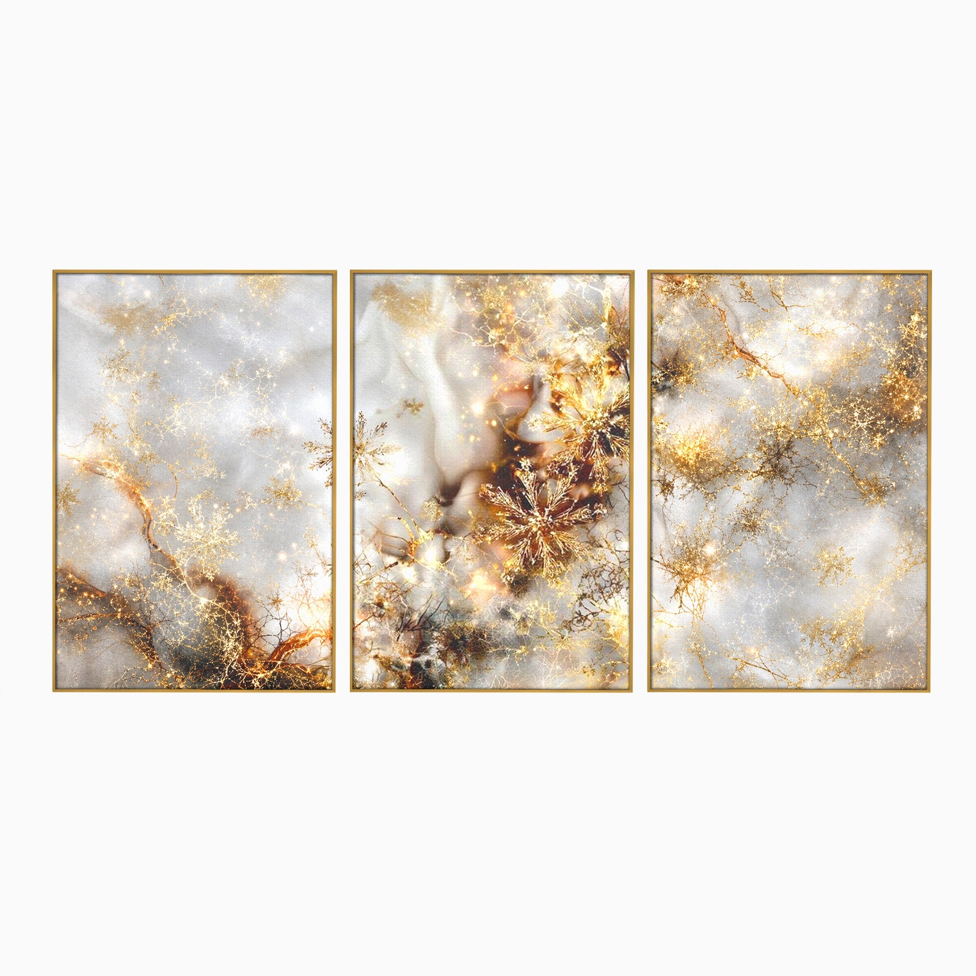 Set 3 Tablouri Canvas Premium LuxCanva® D3-1067, Sclipire Inghetata, Aur, Iarna, Fragilitate, Fulgi, Lumina, Cristal, Dans, Alb, Eleganta, Rafinament