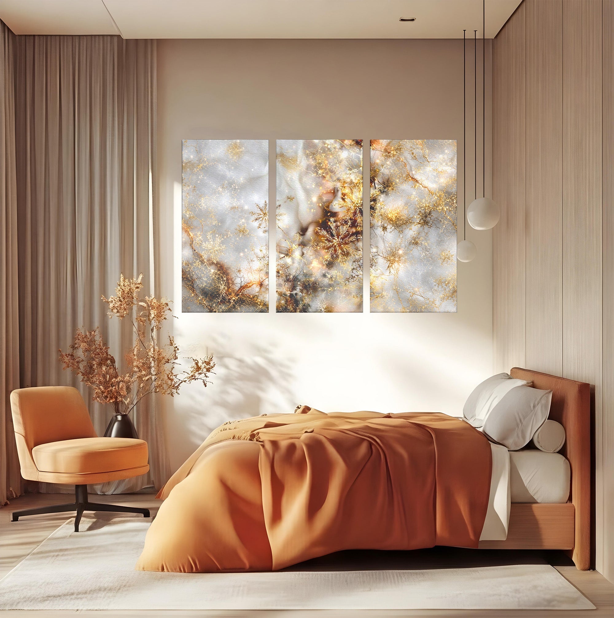 Set 3 Tablouri Canvas Premium LuxCanva® D3-1067, Sclipire Inghetata, Aur, Iarna, Fragilitate, Fulgi, Lumina, Cristal, Dans, Alb, Eleganta, Rafinament