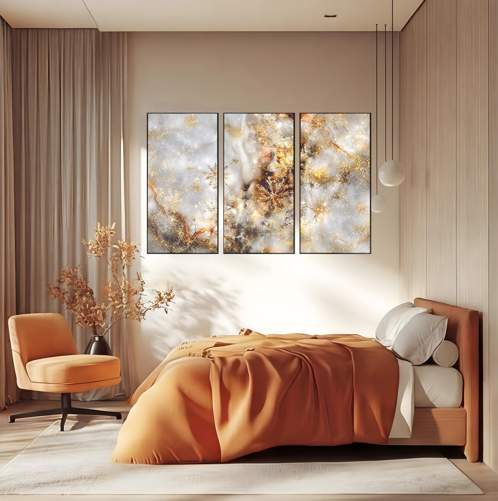 Set 3 Tablouri Canvas Premium LuxCanva® D3-1067, Sclipire Inghetata, Aur, Iarna, Fragilitate, Fulgi, Lumina, Cristal, Dans, Alb, Eleganta, Rafinament