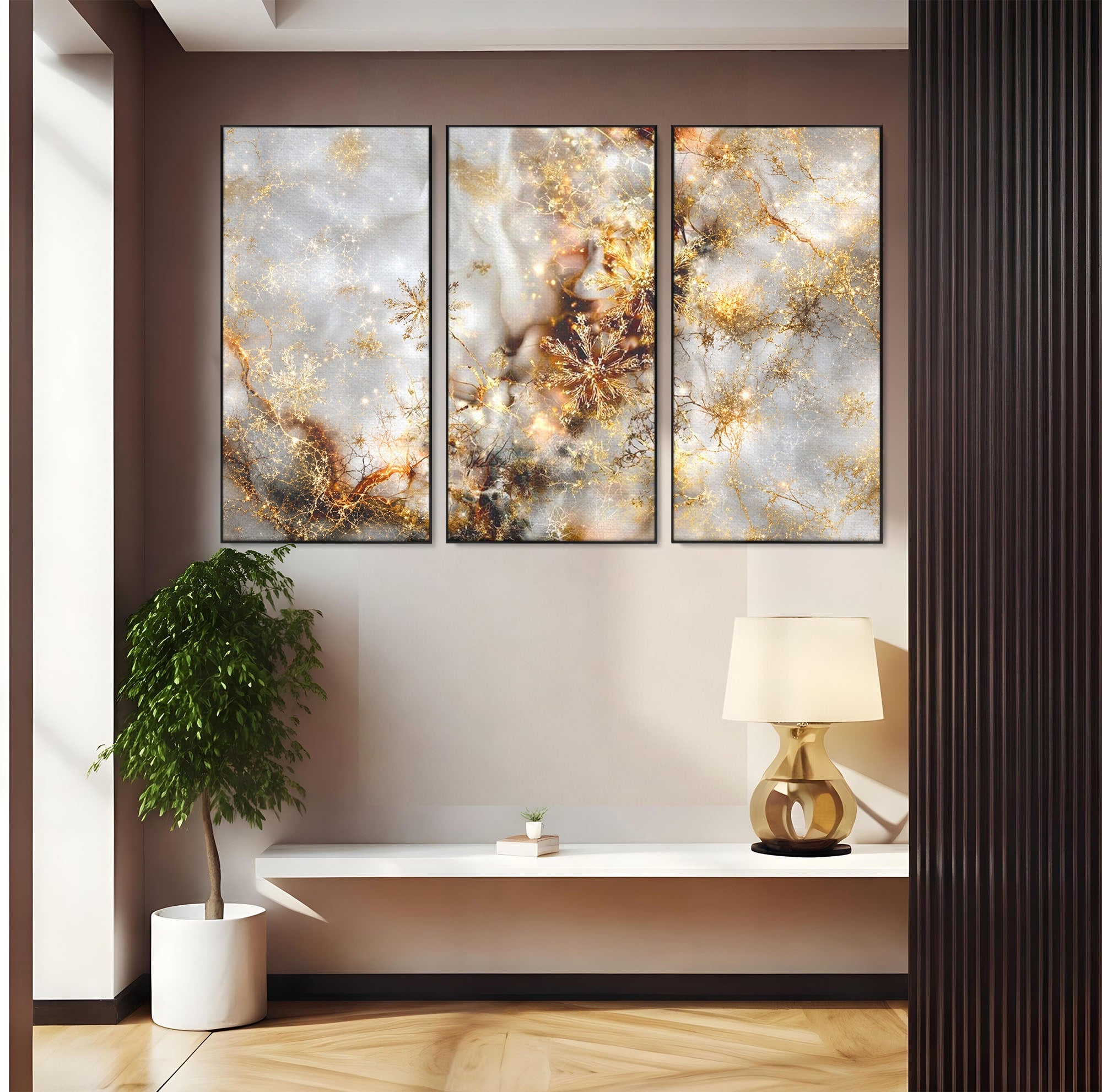 Set 3 Tablouri Canvas Premium LuxCanva® D3-1067, Sclipire Inghetata, Aur, Iarna, Fragilitate, Fulgi, Lumina, Cristal, Dans, Alb, Eleganta, Rafinament