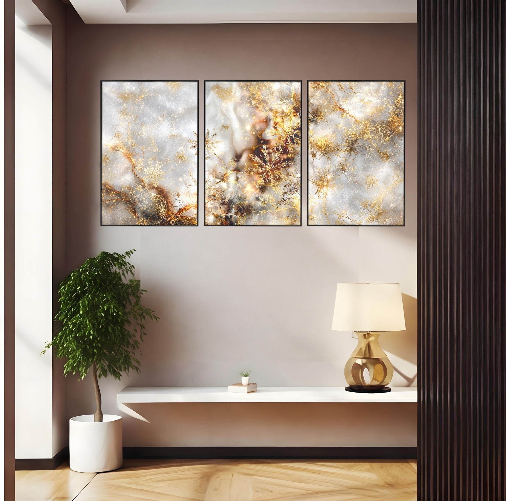 Set 3 Tablouri Canvas Premium LuxCanva® D3-1067, Sclipire Inghetata, Aur, Iarna, Fragilitate, Fulgi, Lumina, Cristal, Dans, Alb, Eleganta, Rafinament