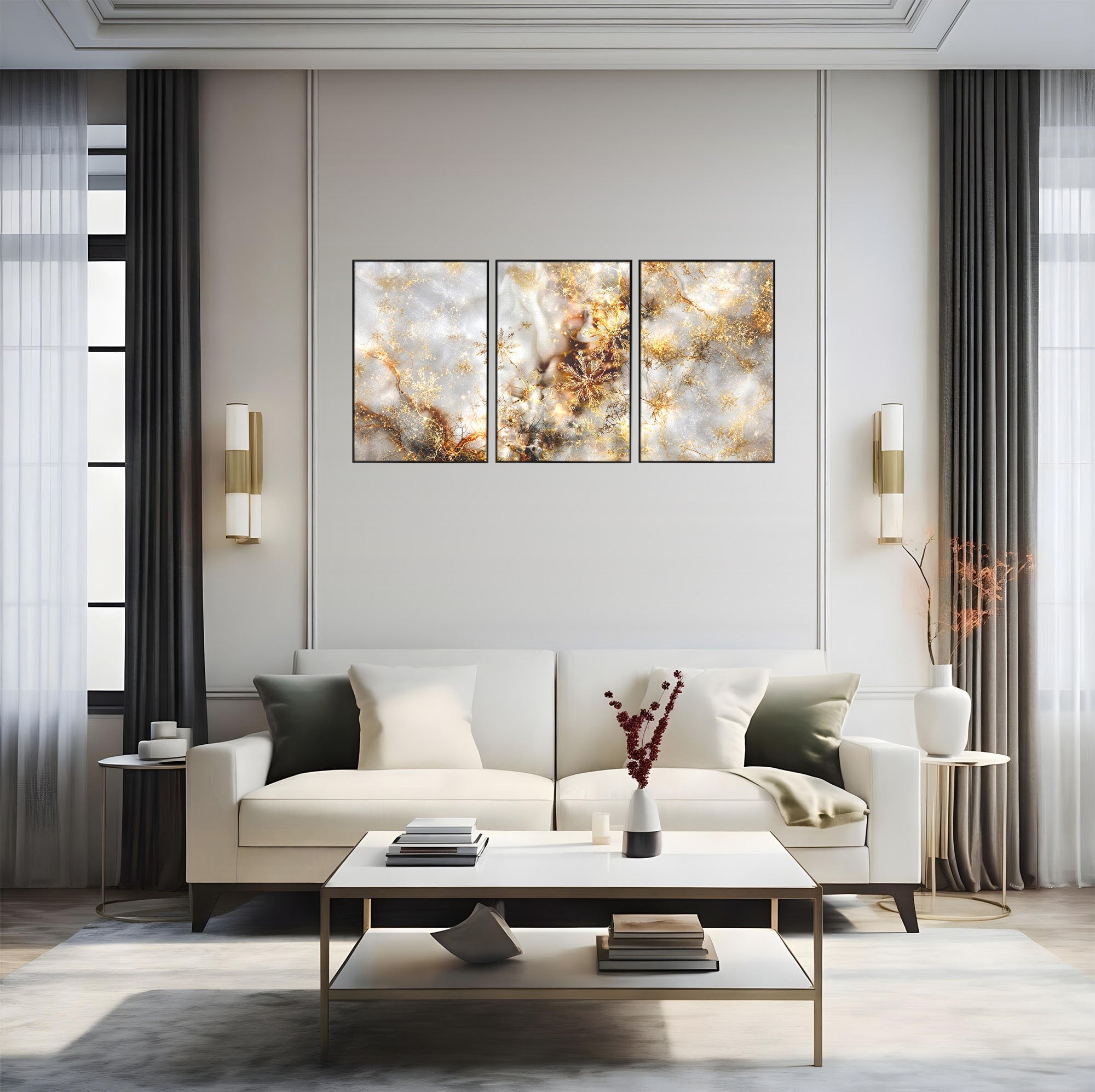 Set 3 Tablouri Canvas Premium LuxCanva® D3-1067, Sclipire Inghetata, Aur, Iarna, Fragilitate, Fulgi, Lumina, Cristal, Dans, Alb, Eleganta, Rafinament