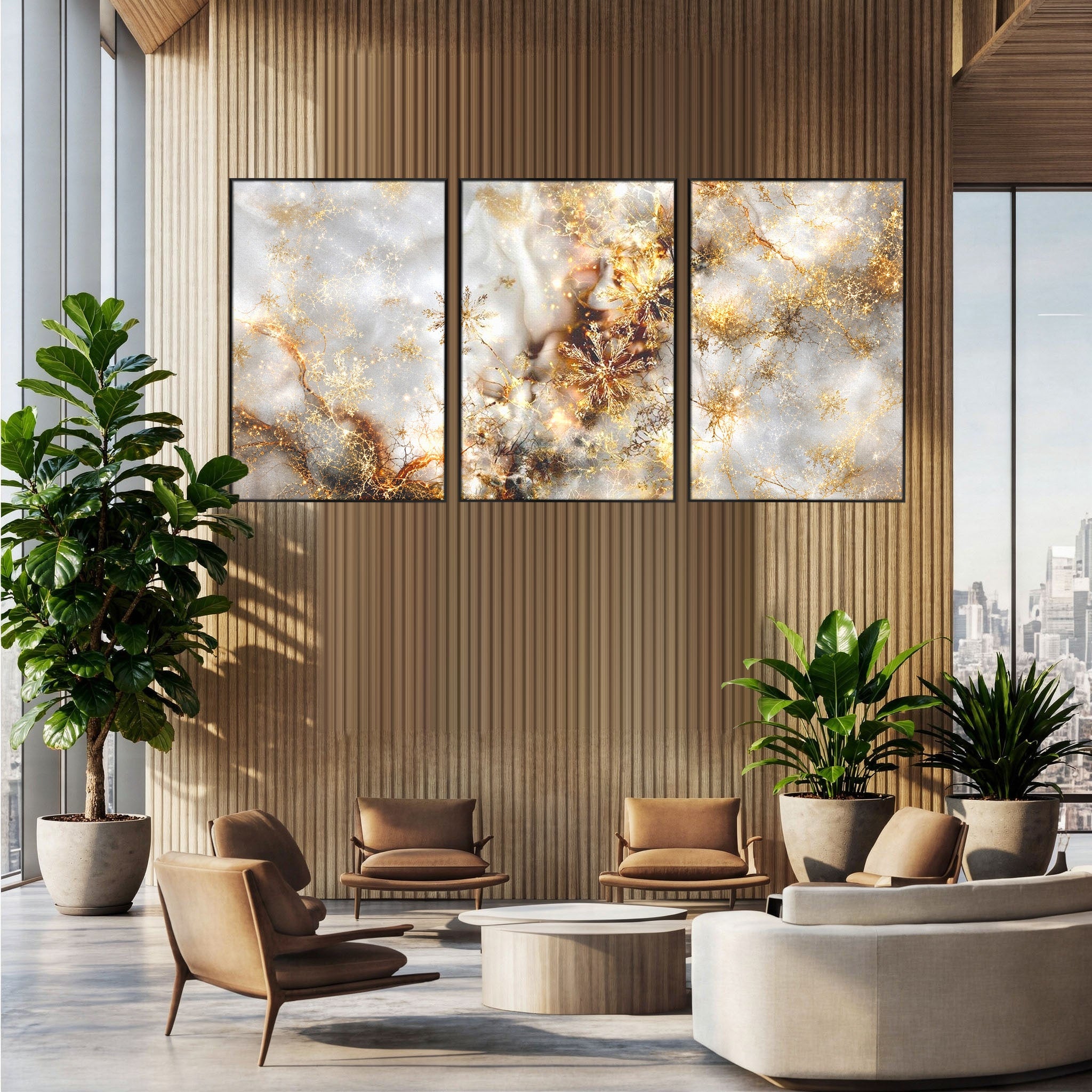 Set 3 Tablouri Canvas Premium LuxCanva® D3-1067, Sclipire Inghetata, Aur, Iarna, Fragilitate, Fulgi, Lumina, Cristal, Dans, Alb, Eleganta, Rafinament
