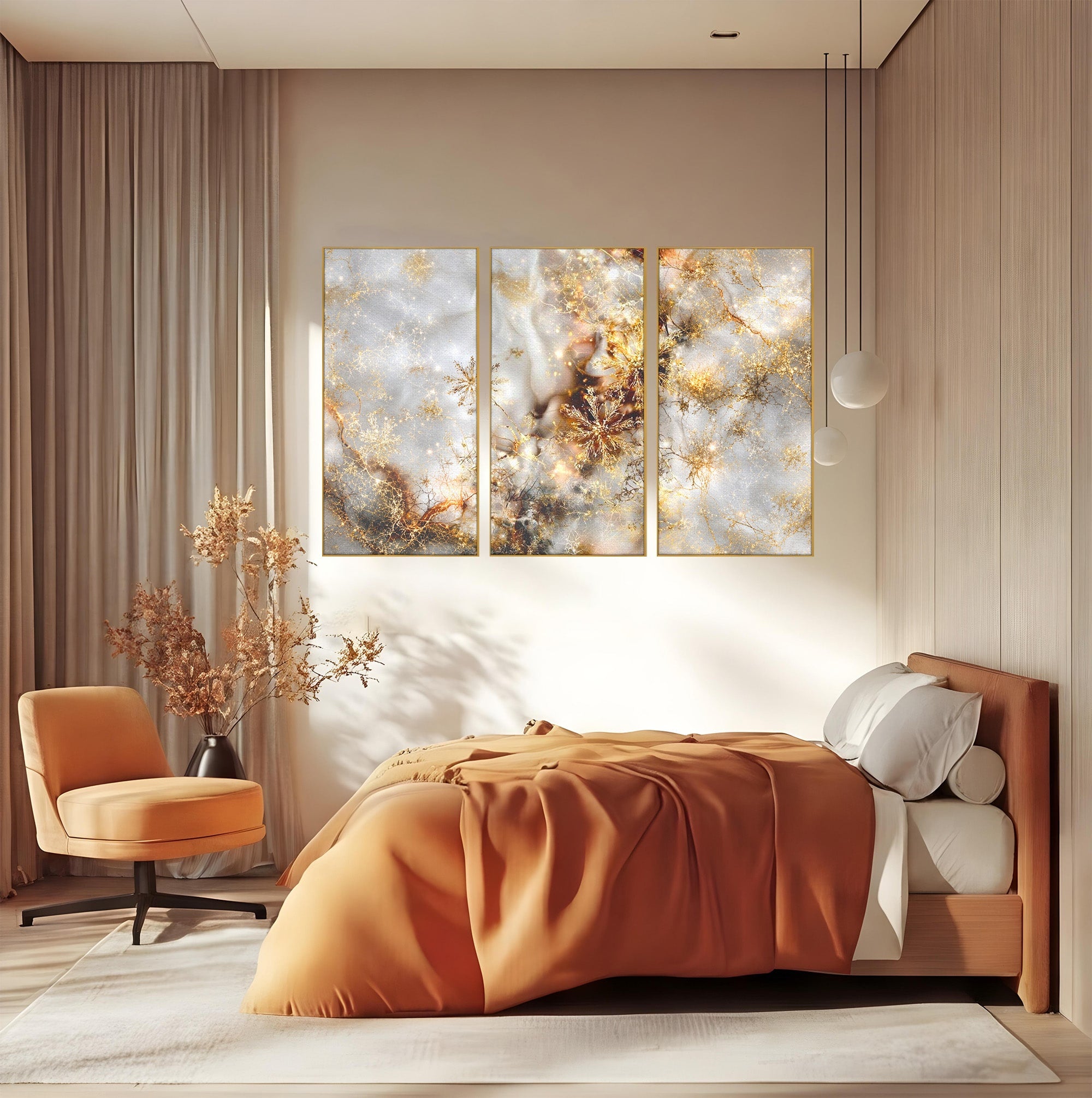 Set 3 Tablouri Canvas Premium LuxCanva® D3-1067, Sclipire Inghetata, Aur, Iarna, Fragilitate, Fulgi, Lumina, Cristal, Dans, Alb, Eleganta, Rafinament