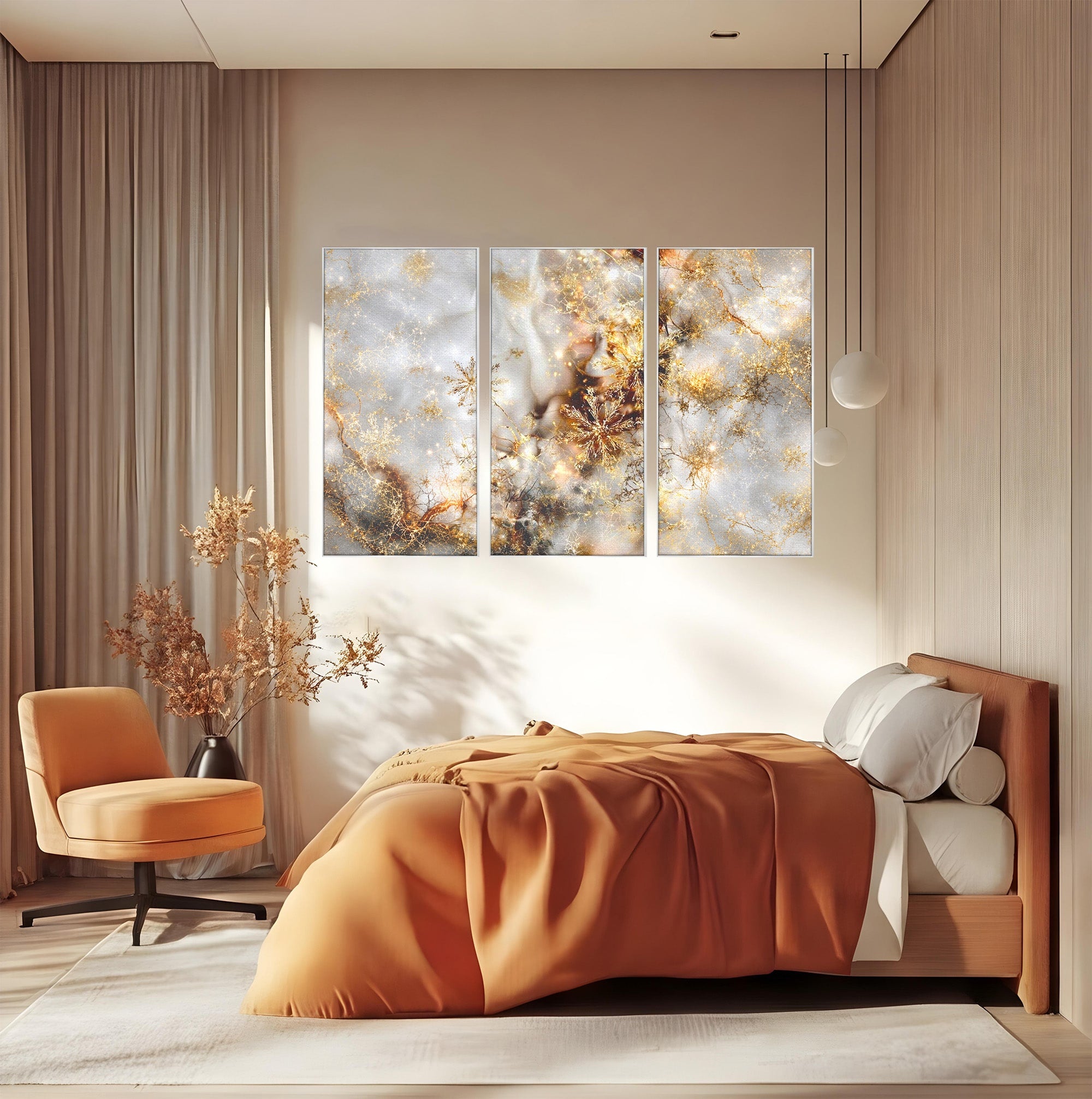 Set 3 Tablouri Canvas Premium LuxCanva® D3-1067, Sclipire Inghetata, Aur, Iarna, Fragilitate, Fulgi, Lumina, Cristal, Dans, Alb, Eleganta, Rafinament