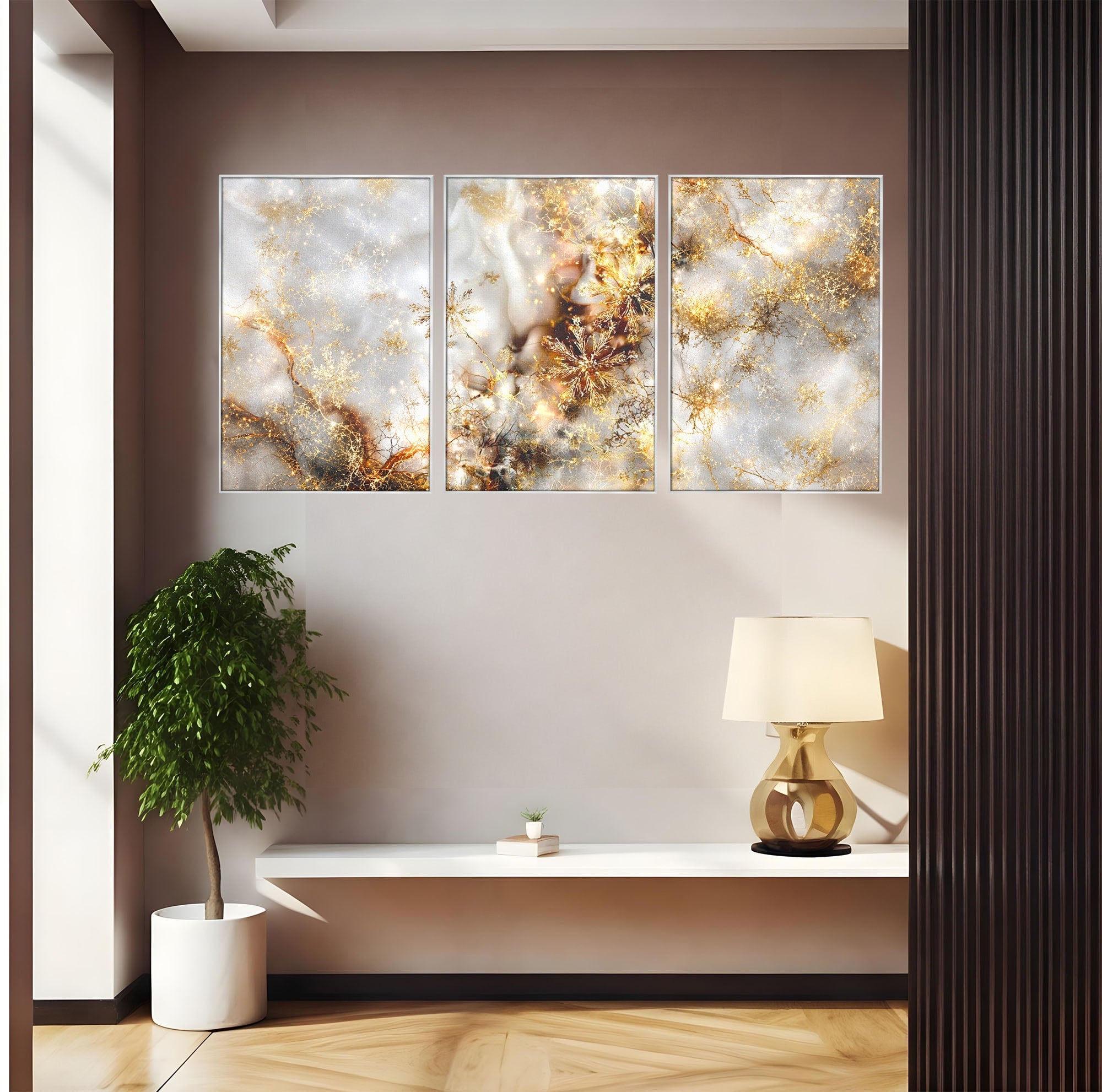 Set 3 Tablouri Canvas Premium LuxCanva® D3-1067, Sclipire Inghetata, Aur, Iarna, Fragilitate, Fulgi, Lumina, Cristal, Dans, Alb, Eleganta, Rafinament