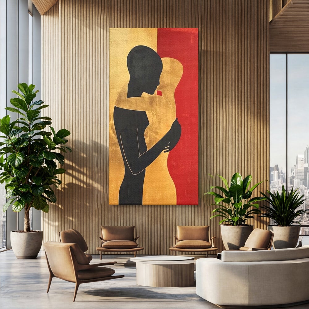 Tablou Canvas Premium LuxCanva® E1006, Imbratisarea Sufletelor, Protectie, Intimitate, Eternitate, Auriu, Negru, Living Room, Culori vibrante