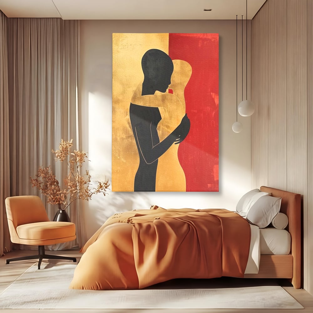 Tablou Canvas Premium LuxCanva® E1006, Imbratisarea Sufletelor, Protectie, Intimitate, Eternitate, Auriu, Negru, Living Room, Culori vibrante