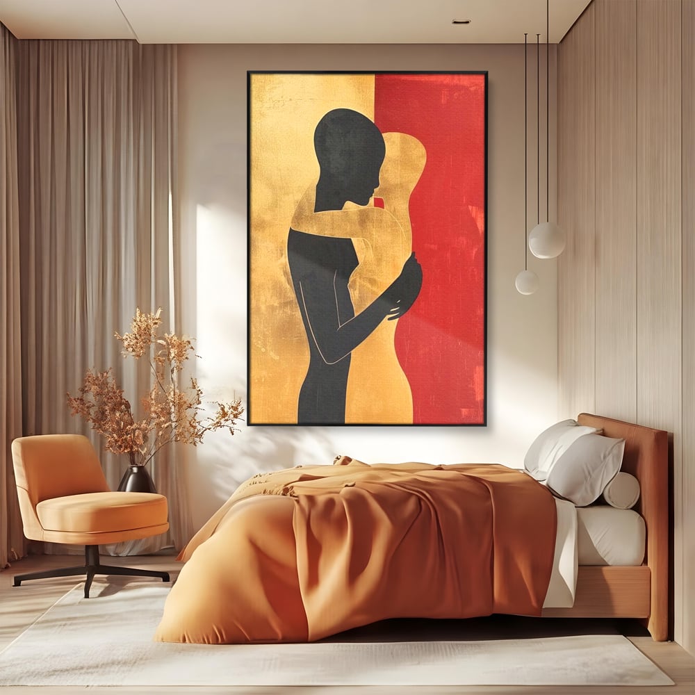 Tablou Canvas Premium LuxCanva® E1006, Imbratisarea Sufletelor, Protectie, Intimitate, Eternitate, Auriu, Negru, Living Room, Culori vibrante