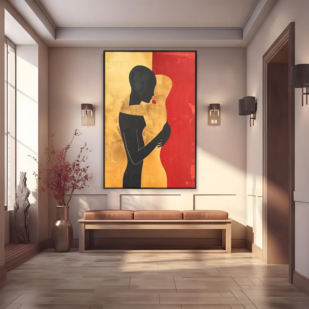 Tablou Canvas Premium LuxCanva® E1006, Imbratisarea Sufletelor, Protectie, Intimitate, Eternitate, Auriu, Negru, Living Room, Culori vibrante
