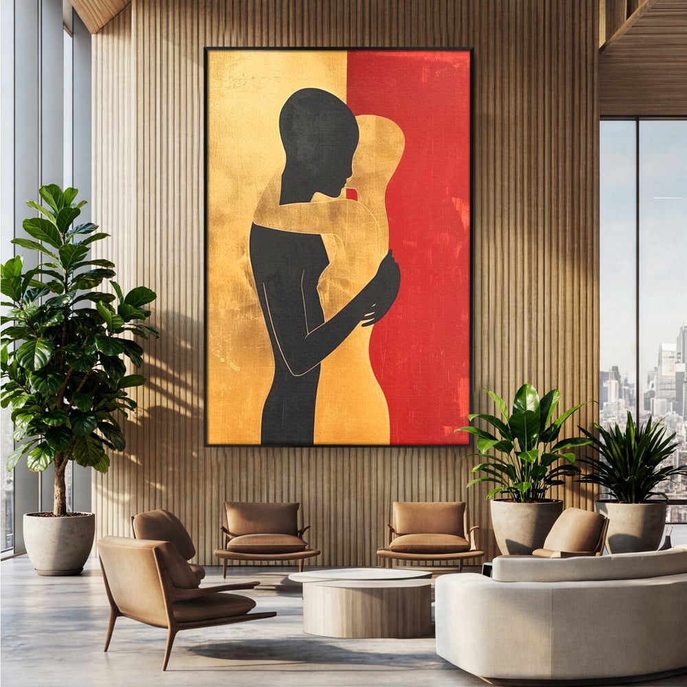 Tablou Canvas Premium LuxCanva® E1006, Imbratisarea Sufletelor, Protectie, Intimitate, Eternitate, Auriu, Negru, Living Room, Culori vibrante