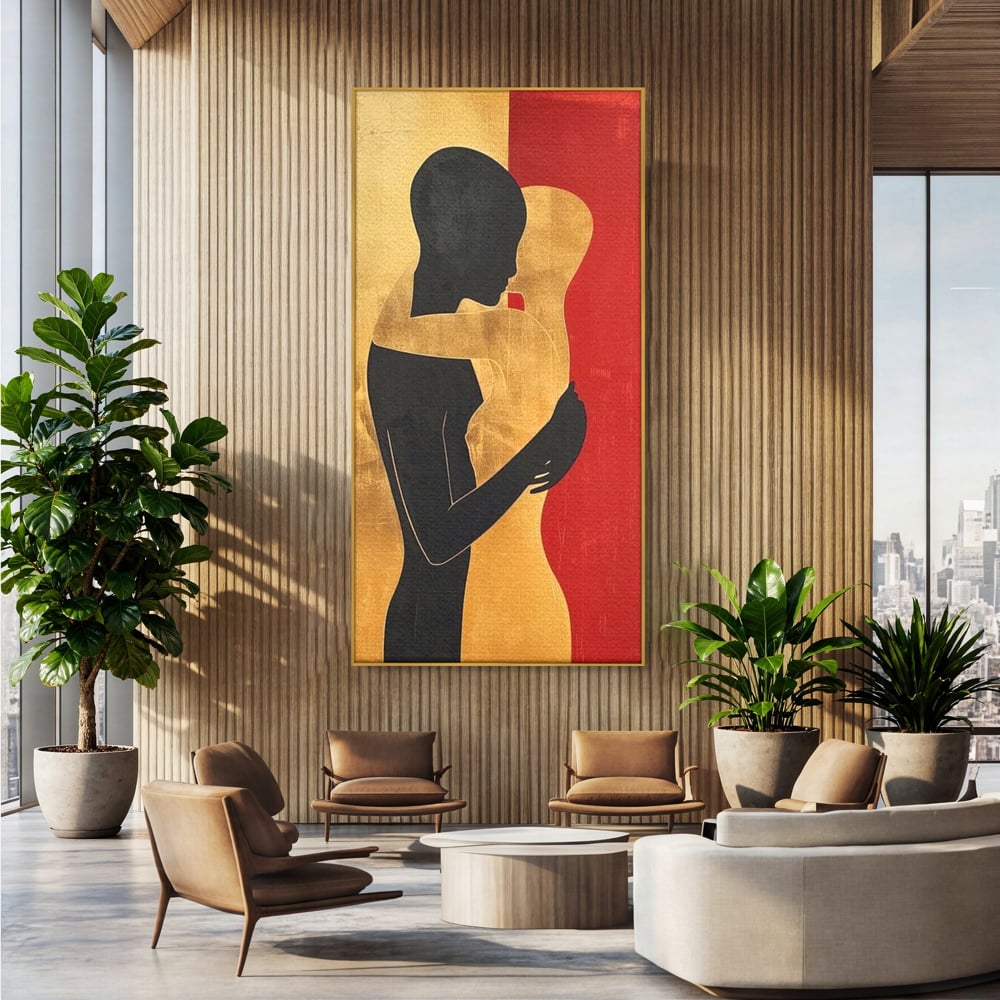 Tablou Canvas Premium LuxCanva® E1006, Imbratisarea Sufletelor, Protectie, Intimitate, Eternitate, Auriu, Negru, Living Room, Culori vibrante