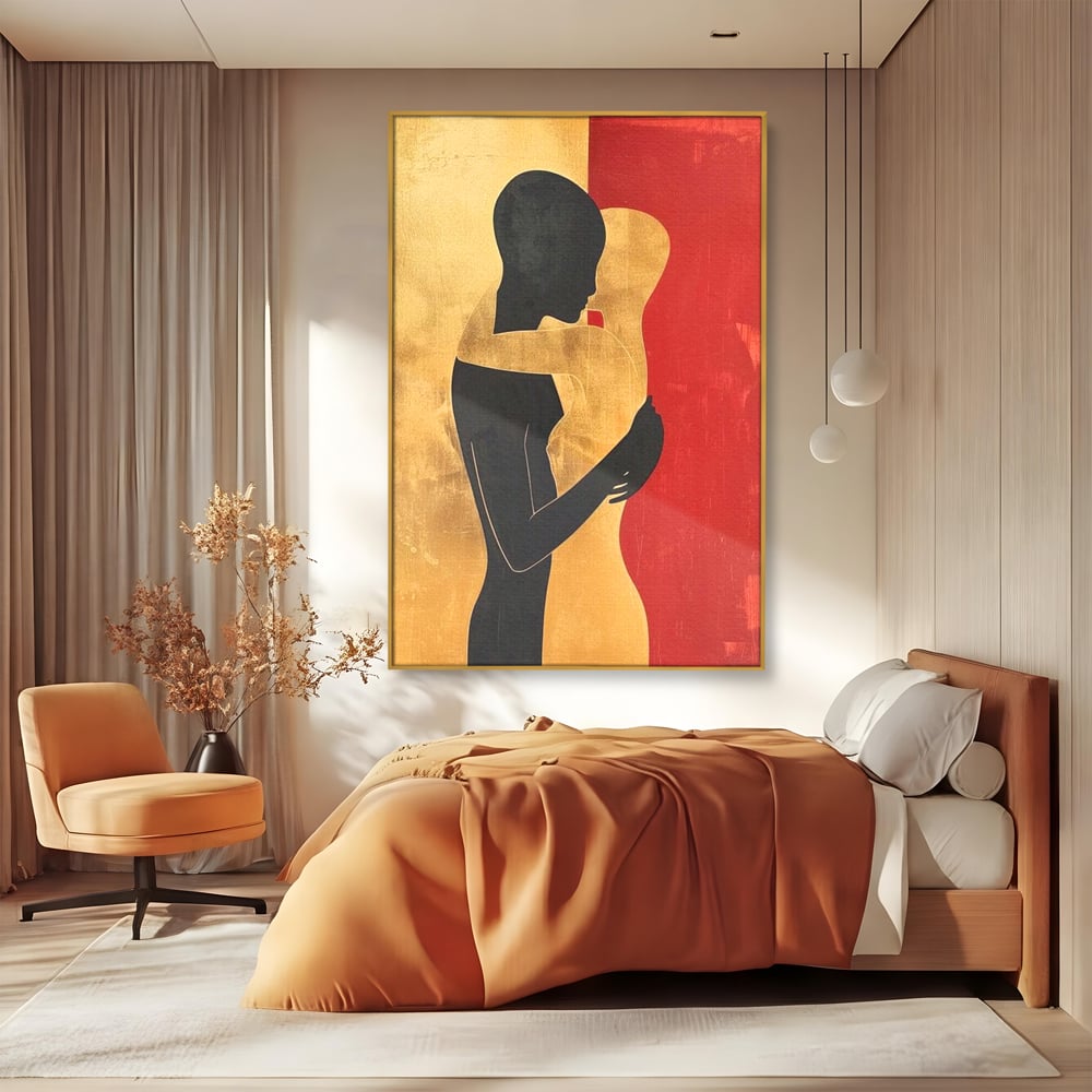 Tablou Canvas Premium LuxCanva® E1006, Imbratisarea Sufletelor, Protectie, Intimitate, Eternitate, Auriu, Negru, Living Room, Culori vibrante