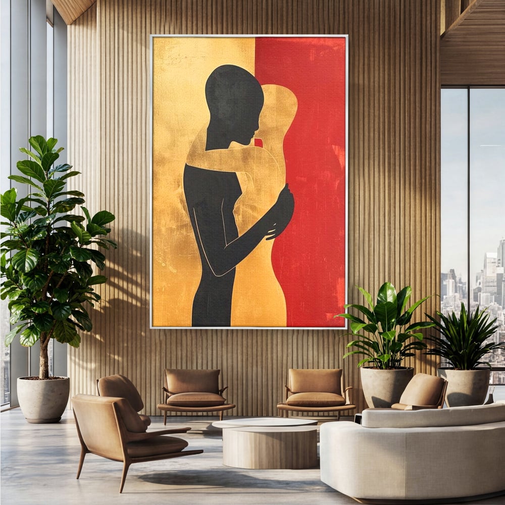 Tablou Canvas Premium LuxCanva® E1006, Imbratisarea Sufletelor, Protectie, Intimitate, Eternitate, Auriu, Negru, Living Room, Culori vibrante