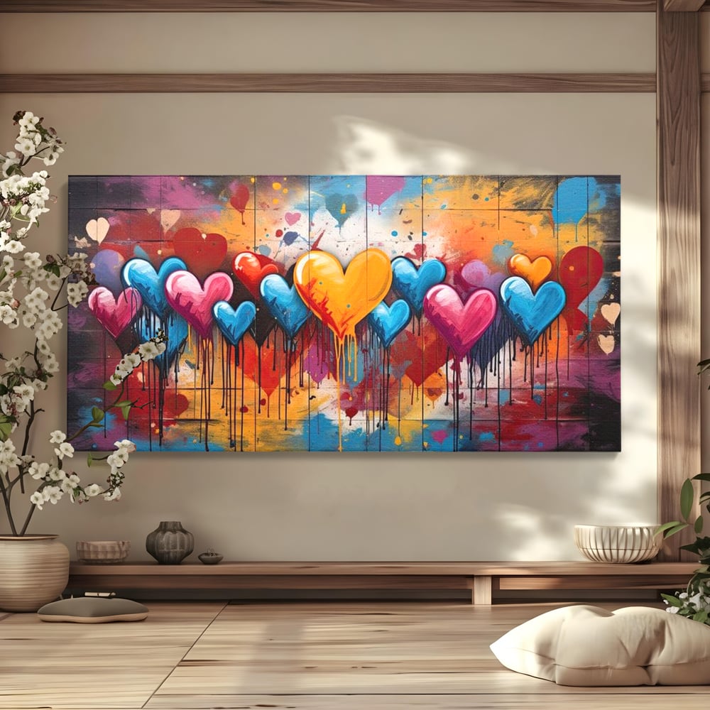 Tablou Canvas Premium LuxCanva® E1017, Explozie de Inimi, Baloane, Fericire, Sarbatoare, Bucurie, Emotie, Living Room, Culori vibrante