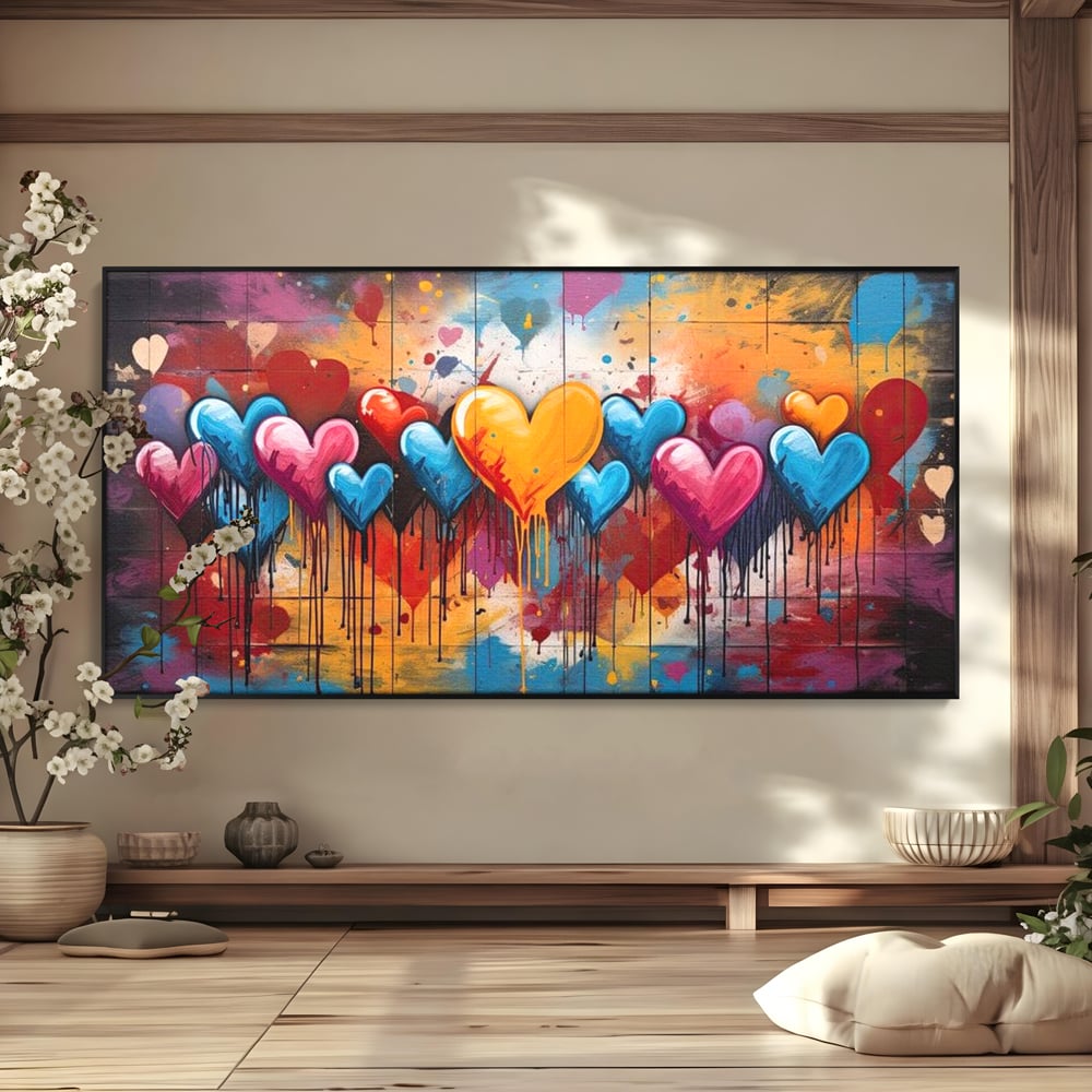Tablou Canvas Premium LuxCanva® E1017, Explozie de Inimi, Baloane, Fericire, Sarbatoare, Bucurie, Emotie, Living Room, Culori vibrante