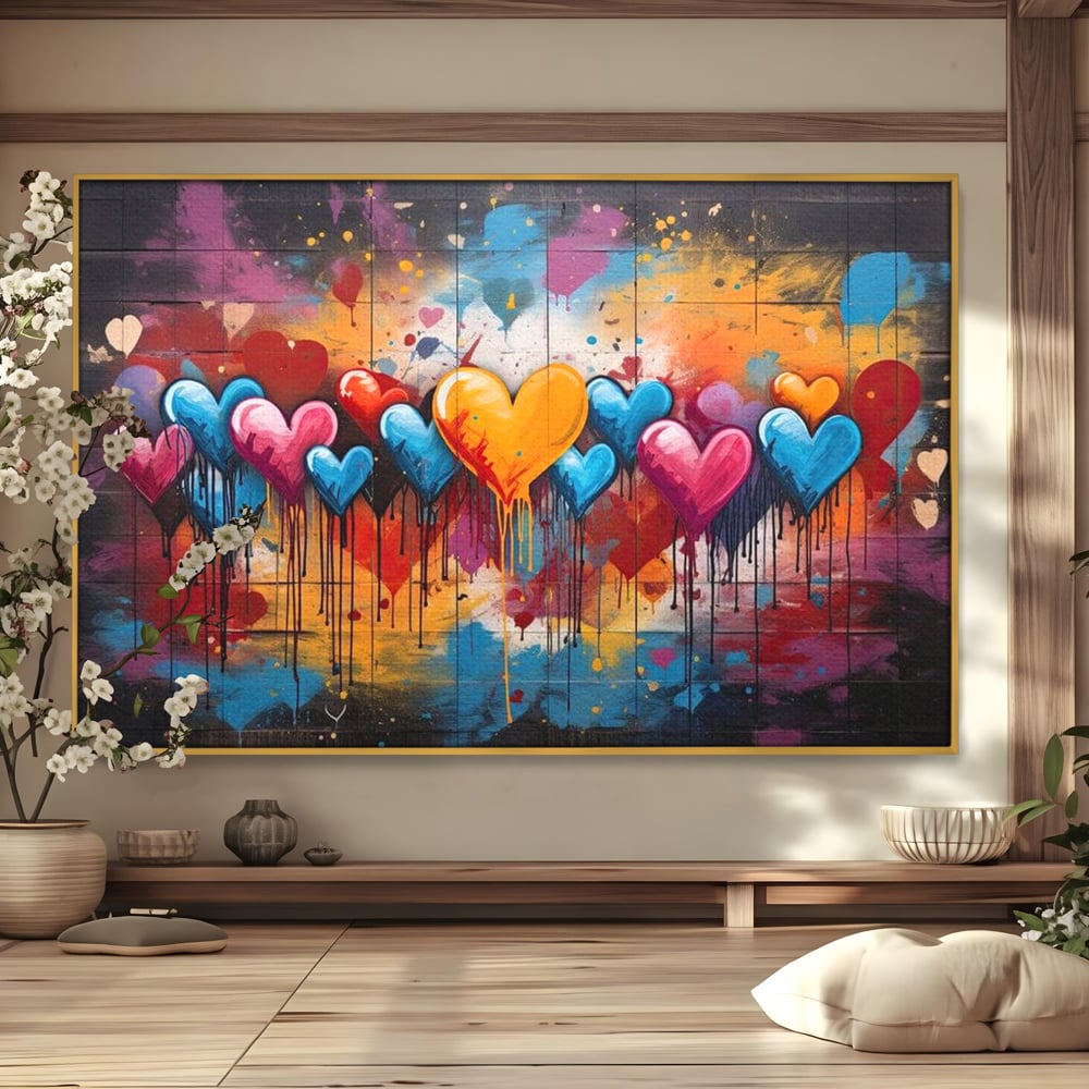 Tablou Canvas Premium LuxCanva® E1017, Explozie de Inimi, Baloane, Fericire, Sarbatoare, Bucurie, Emotie, Living Room, Culori vibrante
