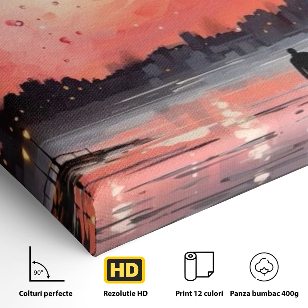 Tablou Canvas Premium LuxCanva® E1021, Plimbare Sub Cerul Inflacarat, Apus, Doi, Cuplu, Apa, Urban, Living Room, Culori vibrante