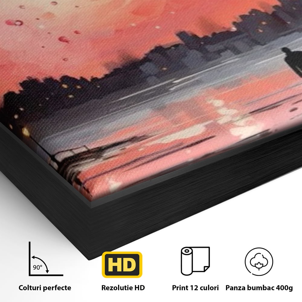 Tablou Canvas Premium LuxCanva® E1021, Plimbare Sub Cerul Inflacarat, Apus, Doi, Cuplu, Apa, Urban, Living Room, Culori vibrante