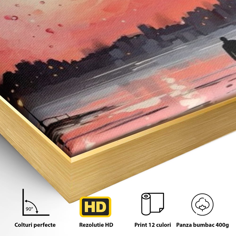 Tablou Canvas Premium LuxCanva® E1021, Plimbare Sub Cerul Inflacarat, Apus, Doi, Cuplu, Apa, Urban, Living Room, Culori vibrante