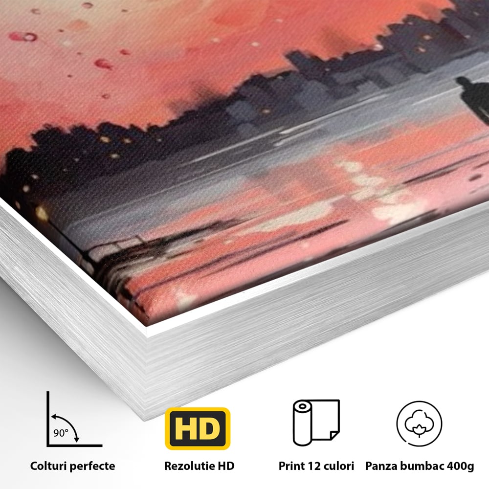 Tablou Canvas Premium LuxCanva® E1021, Plimbare Sub Cerul Inflacarat, Apus, Doi, Cuplu, Apa, Urban, Living Room, Culori vibrante