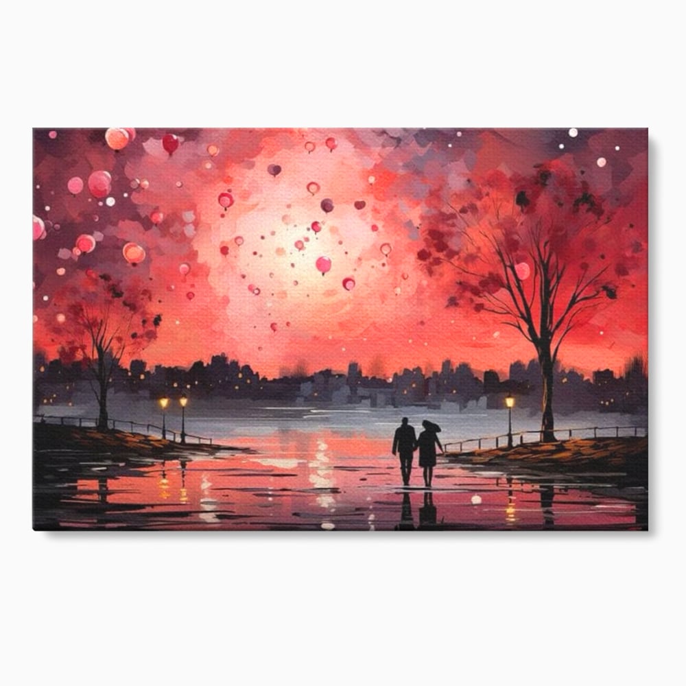 Tablou Canvas Premium LuxCanva® E1021, Plimbare Sub Cerul Inflacarat, Apus, Doi, Cuplu, Apa, Urban, Living Room, Culori vibrante
