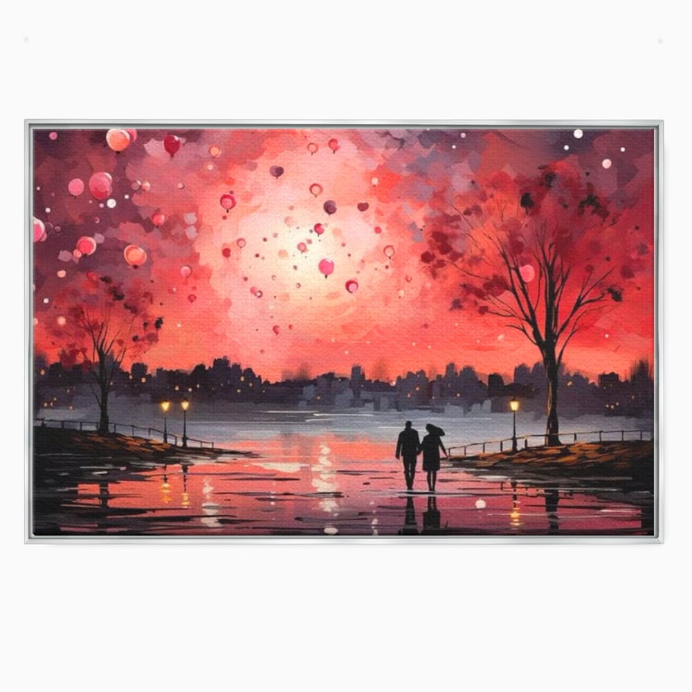 Tablou Canvas Premium LuxCanva® E1021, Plimbare Sub Cerul Inflacarat, Apus, Doi, Cuplu, Apa, Urban, Living Room, Culori vibrante