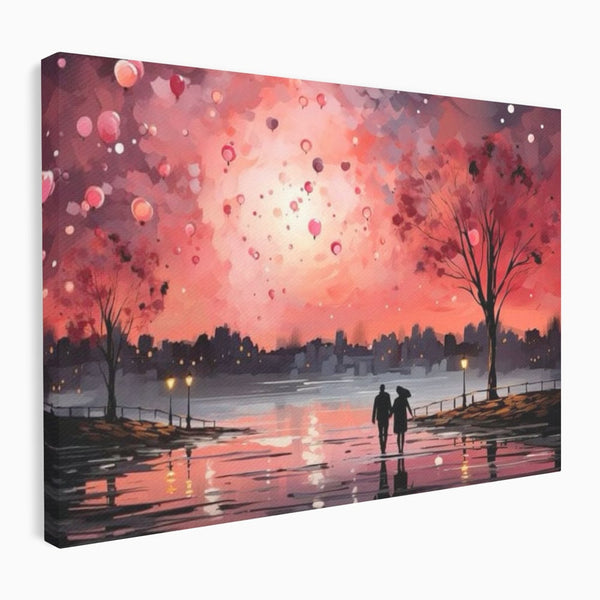 Tablou Canvas Premium LuxCanva® E1021, Plimbare Sub Cerul Inflacarat, Apus, Doi, Cuplu, Apa, Urban, Living Room, Culori vibrante