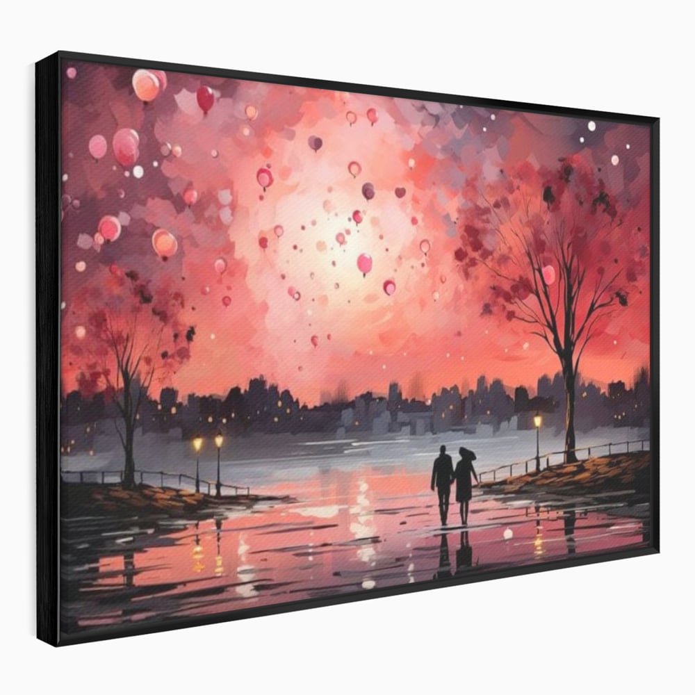 Tablou Canvas Premium LuxCanva® E1021, Plimbare Sub Cerul Inflacarat, Apus, Doi, Cuplu, Apa, Urban, Living Room, Culori vibrante