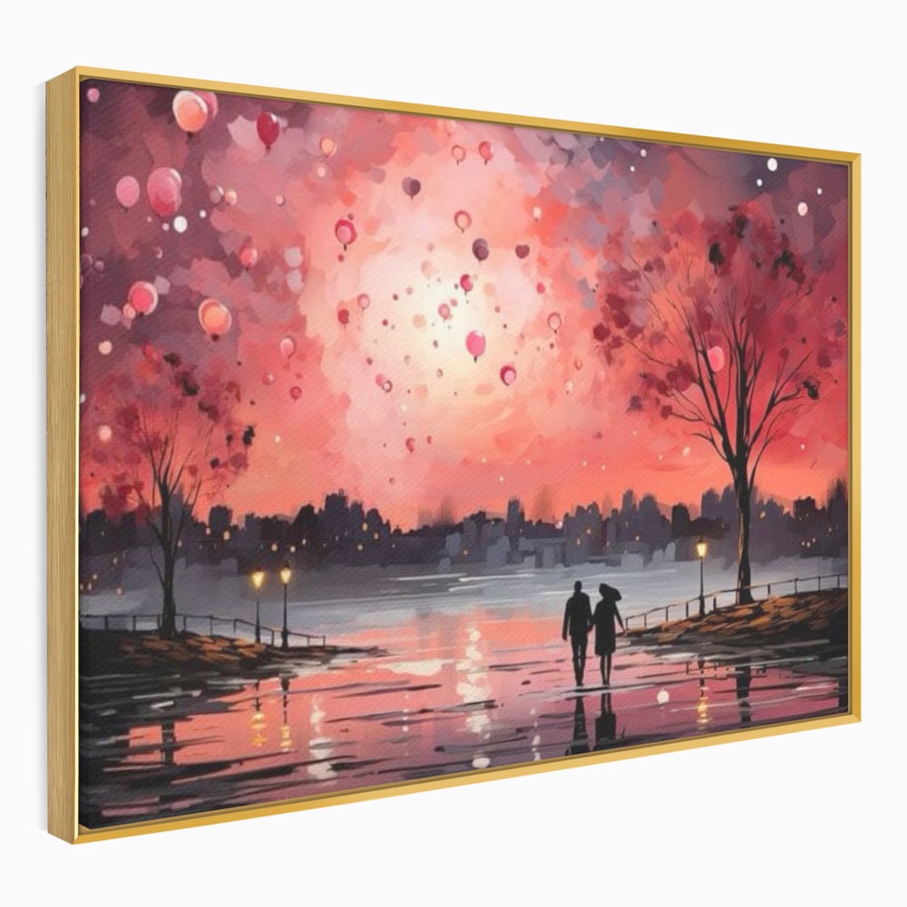 Tablou Canvas Premium LuxCanva® E1021, Plimbare Sub Cerul Inflacarat, Apus, Doi, Cuplu, Apa, Urban, Living Room, Culori vibrante