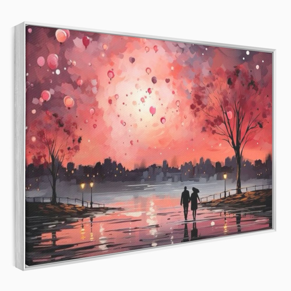 Tablou Canvas Premium LuxCanva® E1021, Plimbare Sub Cerul Inflacarat, Apus, Doi, Cuplu, Apa, Urban, Living Room, Culori vibrante