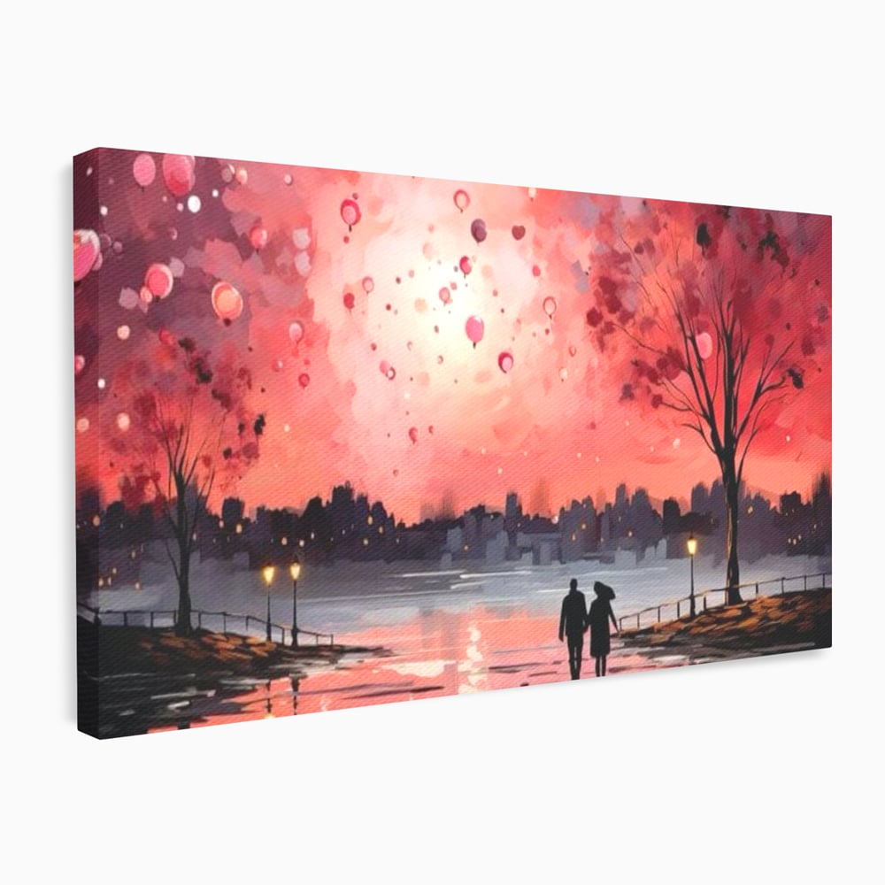 Tablou Canvas Premium LuxCanva® E1021, Plimbare Sub Cerul Inflacarat, Apus, Doi, Cuplu, Apa, Urban, Living Room, Culori vibrante