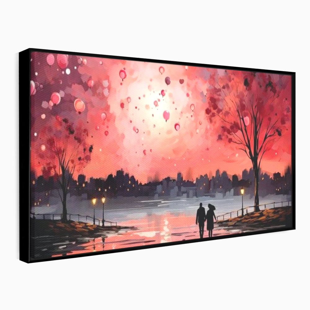 Tablou Canvas Premium LuxCanva® E1021, Plimbare Sub Cerul Inflacarat, Apus, Doi, Cuplu, Apa, Urban, Living Room, Culori vibrante