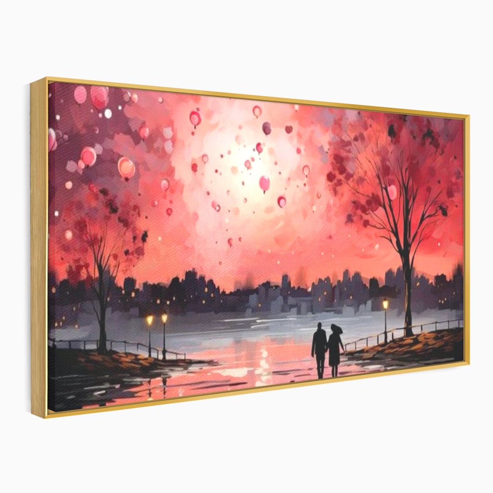 Tablou Canvas Premium LuxCanva® E1021, Plimbare Sub Cerul Inflacarat, Apus, Doi, Cuplu, Apa, Urban, Living Room, Culori vibrante