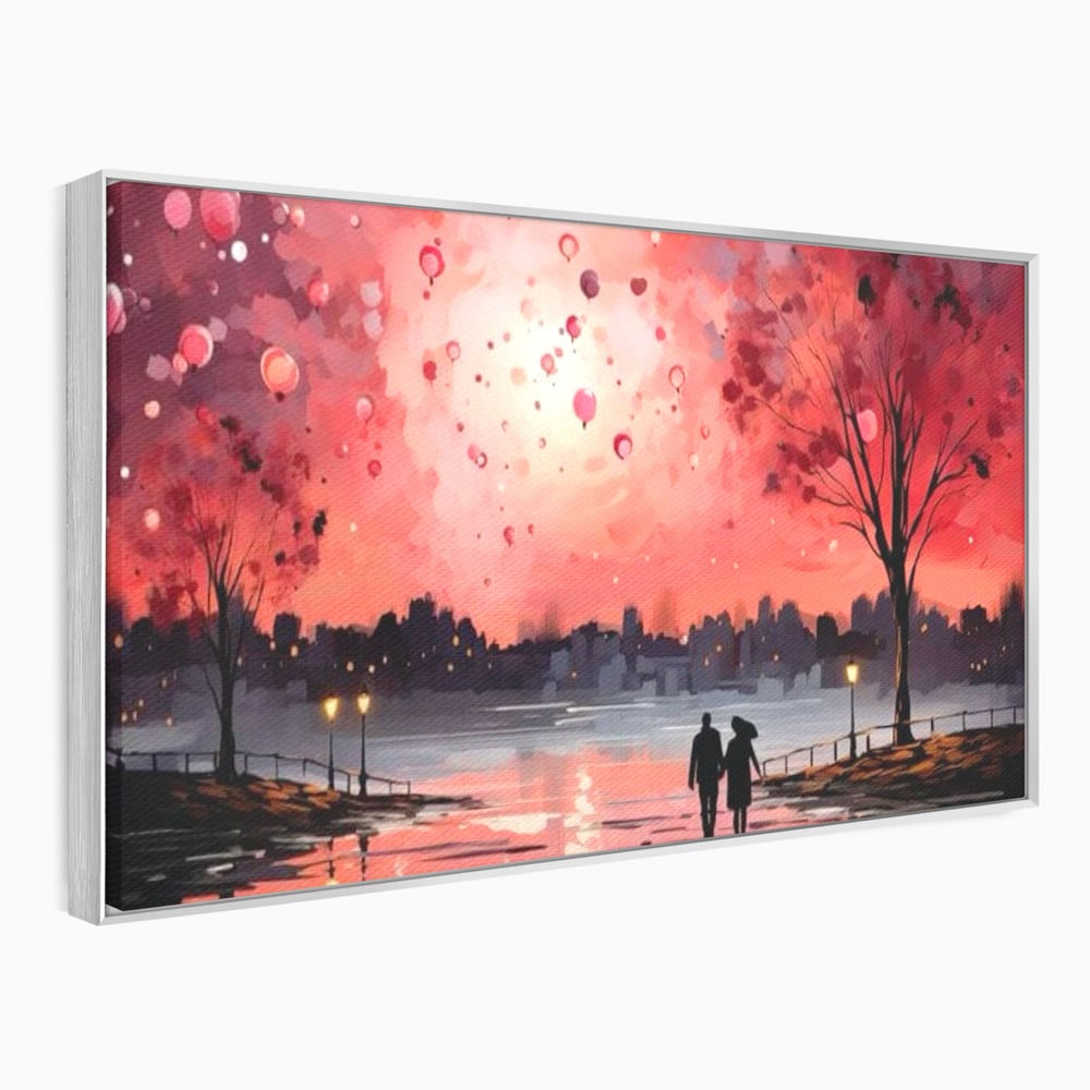 Tablou Canvas Premium LuxCanva® E1021, Plimbare Sub Cerul Inflacarat, Apus, Doi, Cuplu, Apa, Urban, Living Room, Culori vibrante