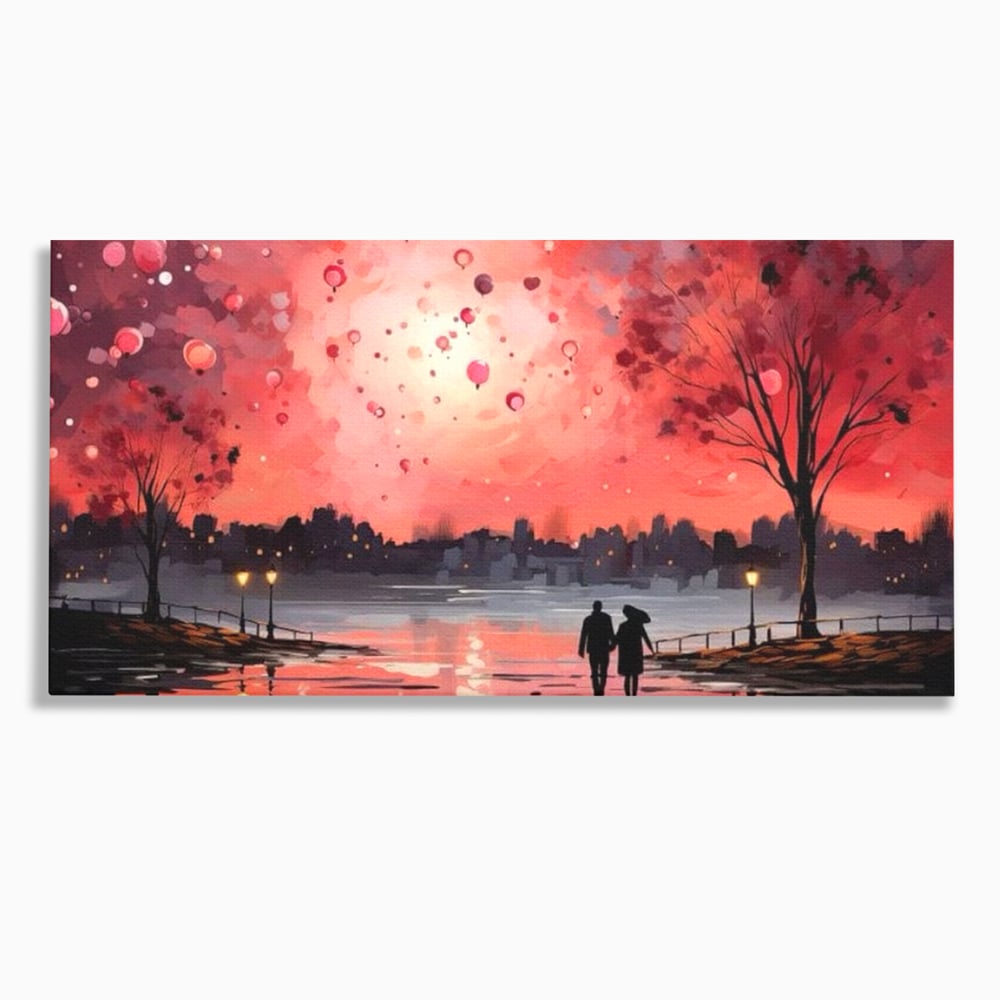 Tablou Canvas Premium LuxCanva® E1021, Plimbare Sub Cerul Inflacarat, Apus, Doi, Cuplu, Apa, Urban, Living Room, Culori vibrante