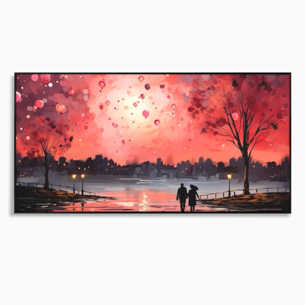 Tablou Canvas Premium LuxCanva® E1021, Plimbare Sub Cerul Inflacarat, Apus, Doi, Cuplu, Apa, Urban, Living Room, Culori vibrante