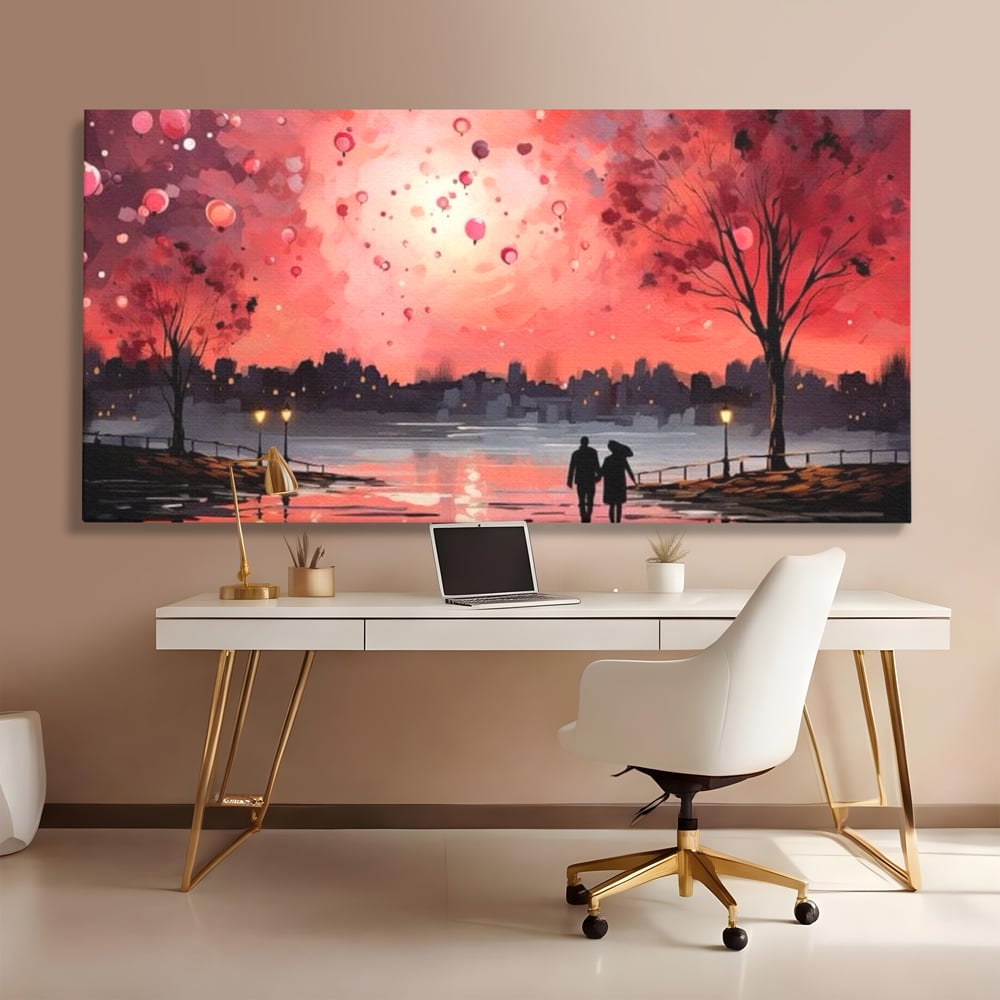 Tablou Canvas Premium LuxCanva® E1021, Plimbare Sub Cerul Inflacarat, Apus, Doi, Cuplu, Apa, Urban, Living Room, Culori vibrante