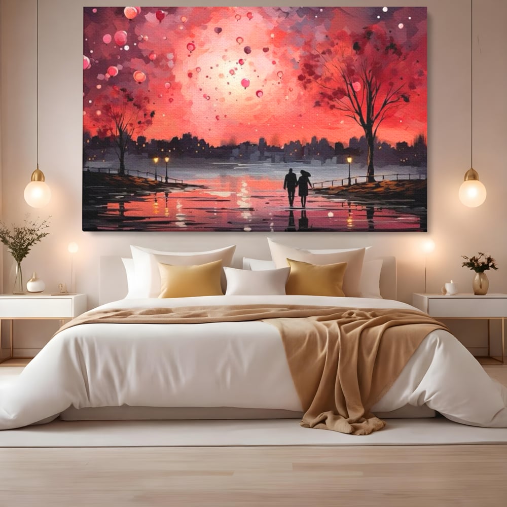 Tablou Canvas Premium LuxCanva® E1021, Plimbare Sub Cerul Inflacarat, Apus, Doi, Cuplu, Apa, Urban, Living Room, Culori vibrante