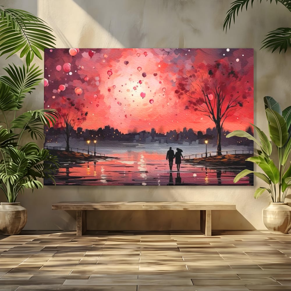 Tablou Canvas Premium LuxCanva® E1021, Plimbare Sub Cerul Inflacarat, Apus, Doi, Cuplu, Apa, Urban, Living Room, Culori vibrante