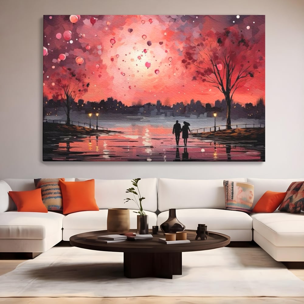 Tablou Canvas Premium LuxCanva® E1021, Plimbare Sub Cerul Inflacarat, Apus, Doi, Cuplu, Apa, Urban, Living Room, Culori vibrante