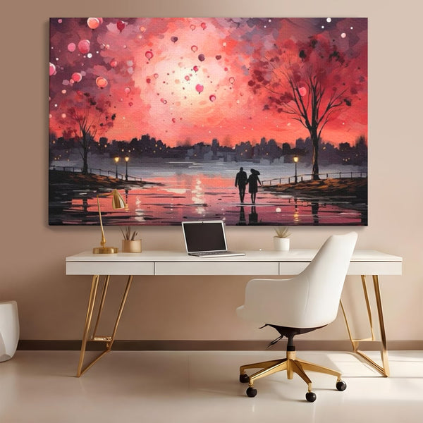 Tablou Canvas Premium LuxCanva® E1021, Plimbare Sub Cerul Inflacarat, Apus, Doi, Cuplu, Apa, Urban, Living Room, Culori vibrante