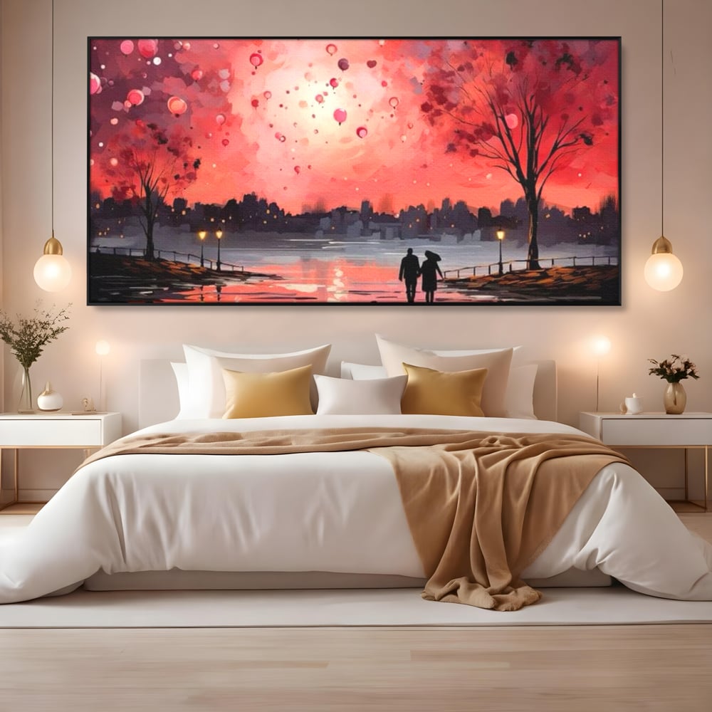 Tablou Canvas Premium LuxCanva® E1021, Plimbare Sub Cerul Inflacarat, Apus, Doi, Cuplu, Apa, Urban, Living Room, Culori vibrante
