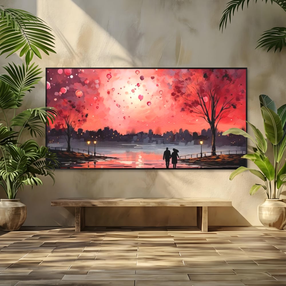 Tablou Canvas Premium LuxCanva® E1021, Plimbare Sub Cerul Inflacarat, Apus, Doi, Cuplu, Apa, Urban, Living Room, Culori vibrante