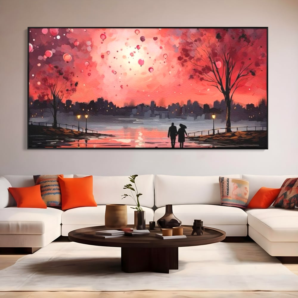 Tablou Canvas Premium LuxCanva® E1021, Plimbare Sub Cerul Inflacarat, Apus, Doi, Cuplu, Apa, Urban, Living Room, Culori vibrante