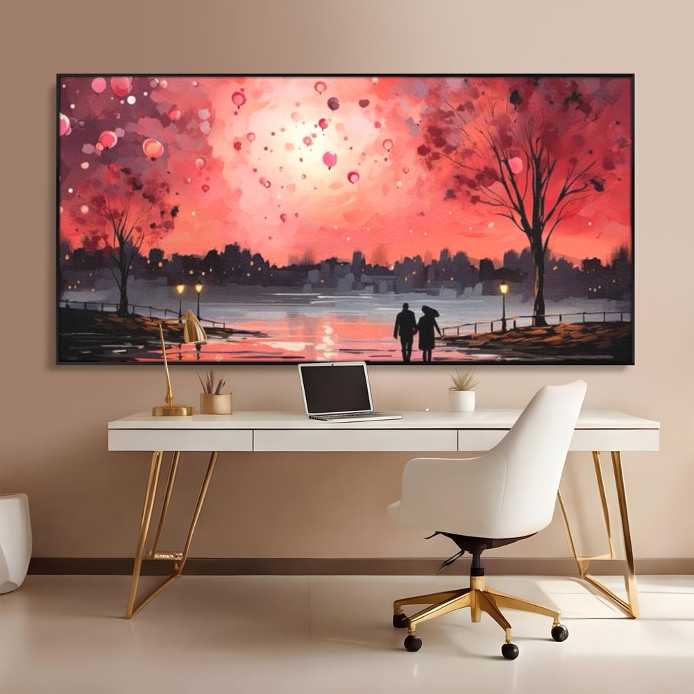 Tablou Canvas Premium LuxCanva® E1021, Plimbare Sub Cerul Inflacarat, Apus, Doi, Cuplu, Apa, Urban, Living Room, Culori vibrante