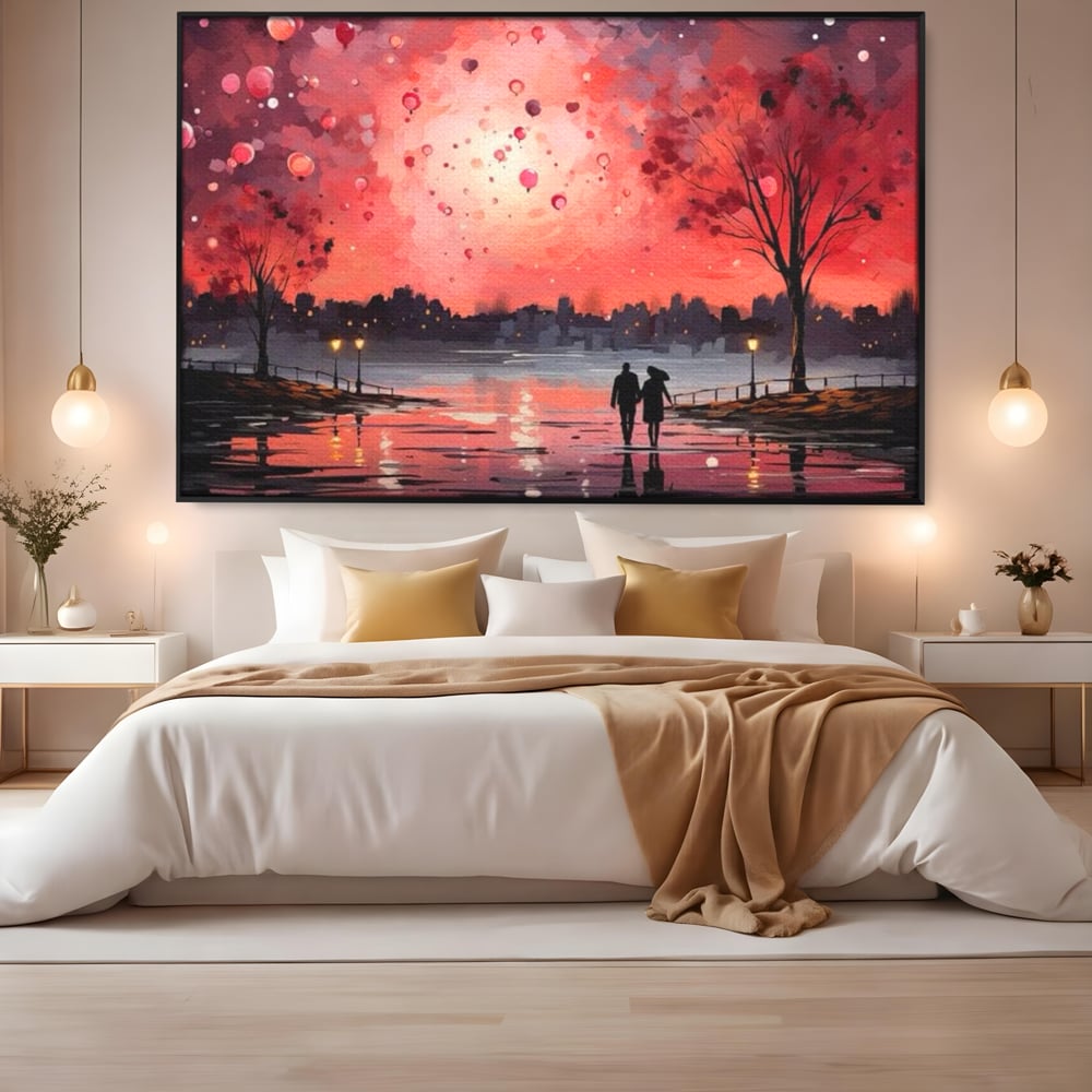 Tablou Canvas Premium LuxCanva® E1021, Plimbare Sub Cerul Inflacarat, Apus, Doi, Cuplu, Apa, Urban, Living Room, Culori vibrante