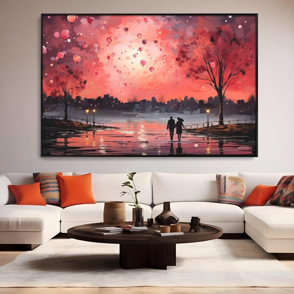 Tablou Canvas Premium LuxCanva® E1021, Plimbare Sub Cerul Inflacarat, Apus, Doi, Cuplu, Apa, Urban, Living Room, Culori vibrante