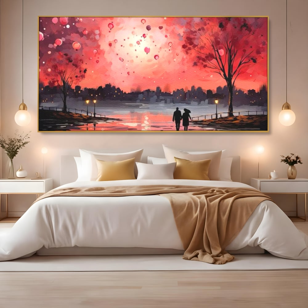 Tablou Canvas Premium LuxCanva® E1021, Plimbare Sub Cerul Inflacarat, Apus, Doi, Cuplu, Apa, Urban, Living Room, Culori vibrante